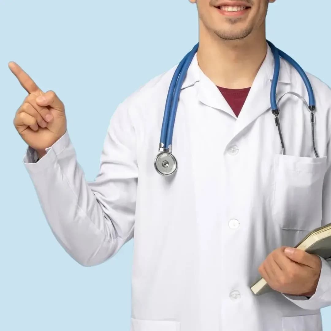 Man wearing a doctor's outfit pointing at the sky